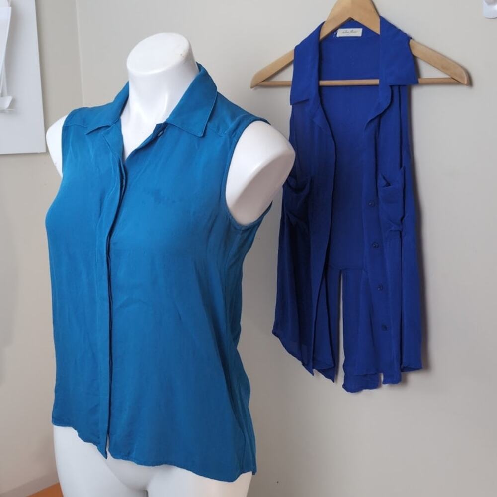 Theory turquoise button up silk sleeveless tops